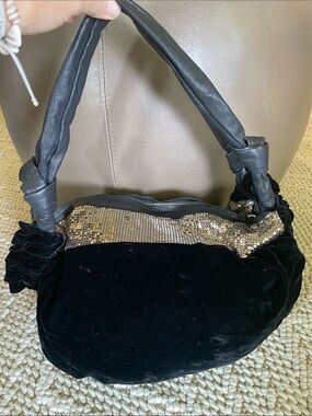 bebe Black Velvet Hobo with Mesh Sequin Accent Brass Real Leather Y2K Vintage